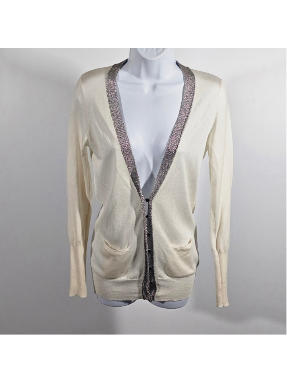 J.Crew Ivory Metallic Trim Cardigan Small Lightweight Cotton V Neck Pockets